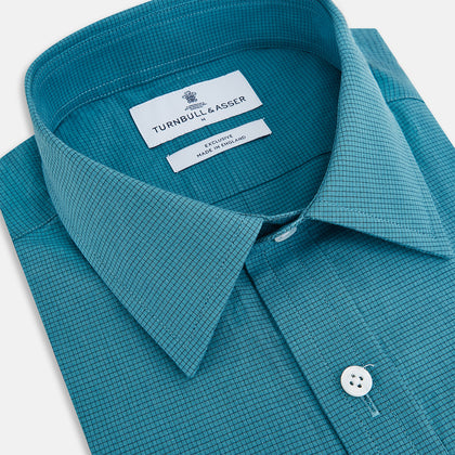 Fine Checked Turquoise Blue Weekend Fit Shirt in Cotton Image 1