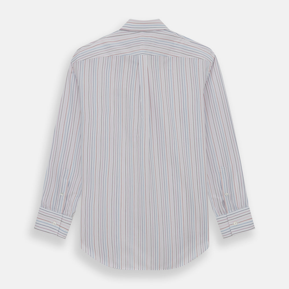 The Turnbull & Asser Multi Pencil Stripe Richmond Shirt features long sleeves, a Derby collar, left chest pocket, and light blue, red, and white pencil stripes. It is laid flat on a white background.