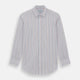 The Turnbull & Asser Multi Pencil Stripe Richmond Shirt features long sleeves, a Derby collar, left chest pocket, and light blue, red, and white pencil stripes. It is laid flat on a white background.