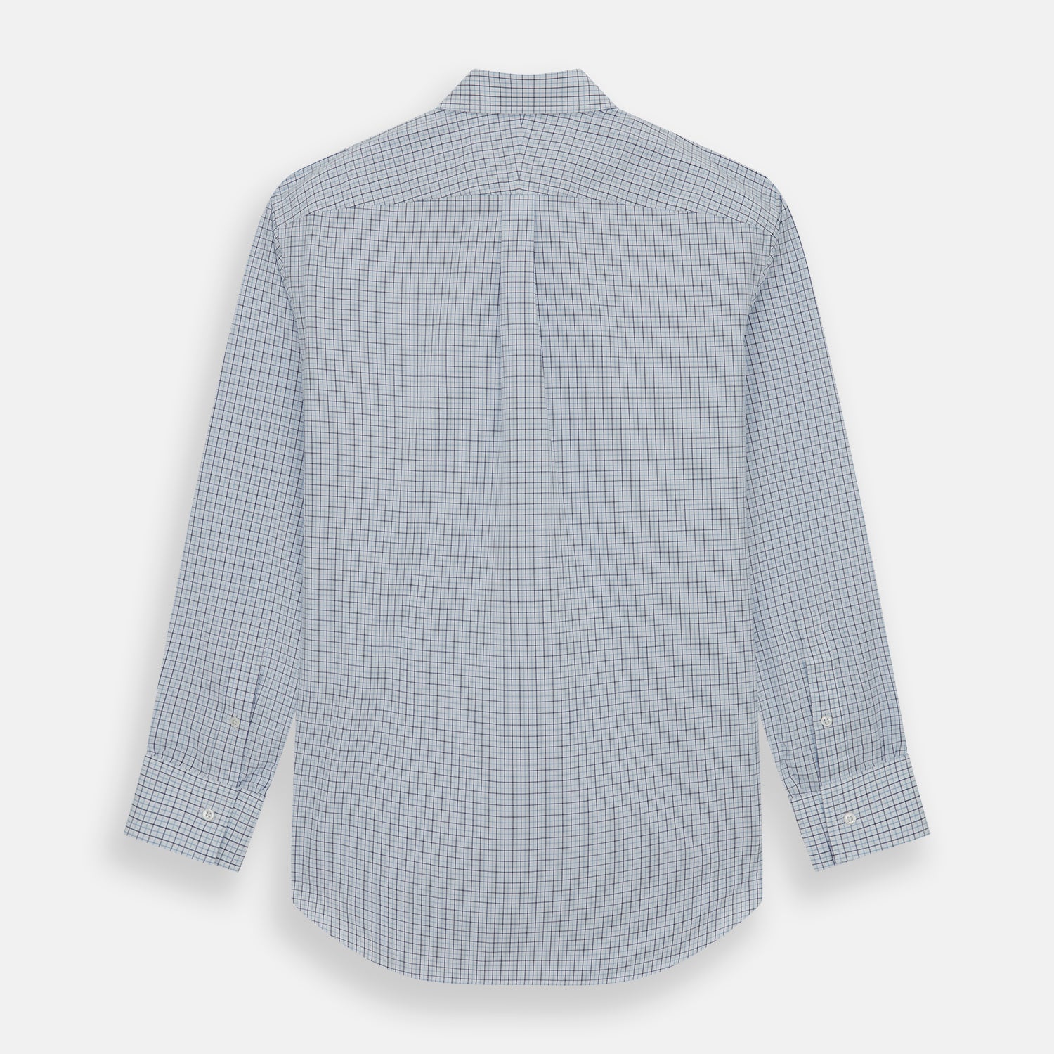 View 5 of product The Turnbull & Asser Blue Double Graph Check Richmond Shirt features a light blue and white check pattern, front pocket, Derby collar, buttoned cuffs, and long sleeves, shown laid flat on a white background.