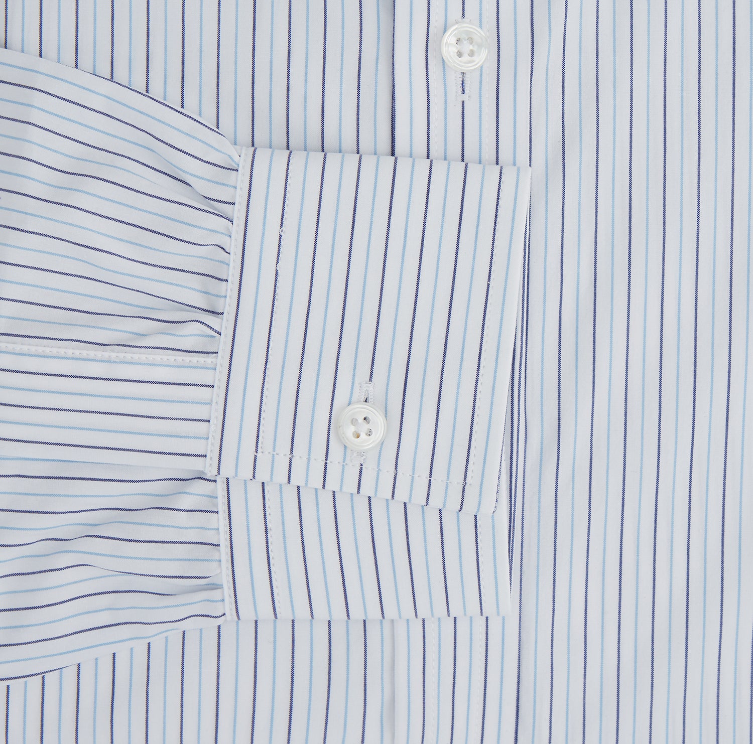 View 3 of product The Blue Double Pinstripe Richmond Shirt by Turnbull & Asser, featuring long sleeves, buttoned cuffs, and a button-down collar, is laid flat on a white background.