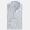 View 4 of product The Blue Double Pinstripe Richmond Shirt by Turnbull & Asser, featuring long sleeves, buttoned cuffs, and a button-down collar, is laid flat on a white background.