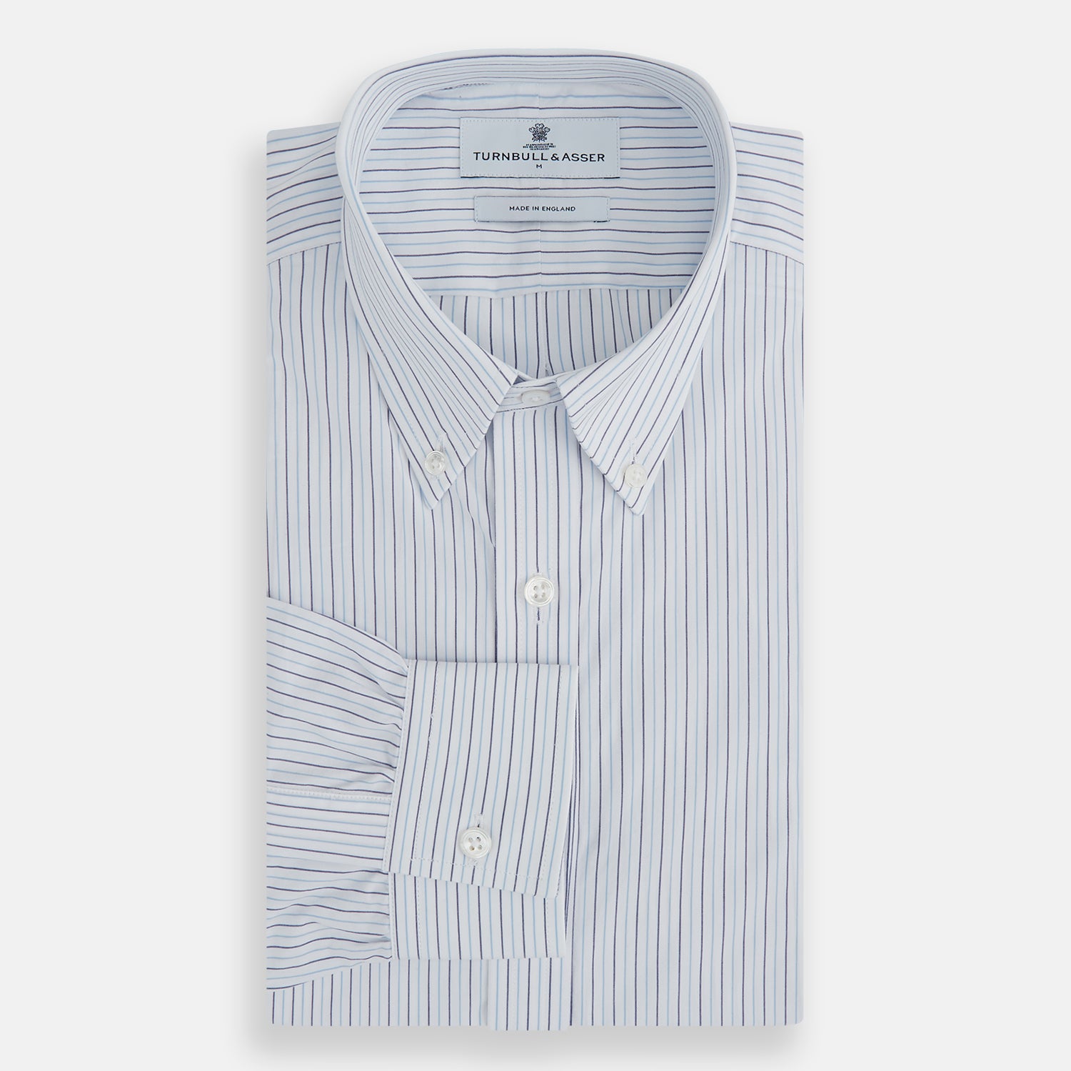View 4 of product The Blue Double Pinstripe Richmond Shirt by Turnbull & Asser, featuring long sleeves, buttoned cuffs, and a button-down collar, is laid flat on a white background.