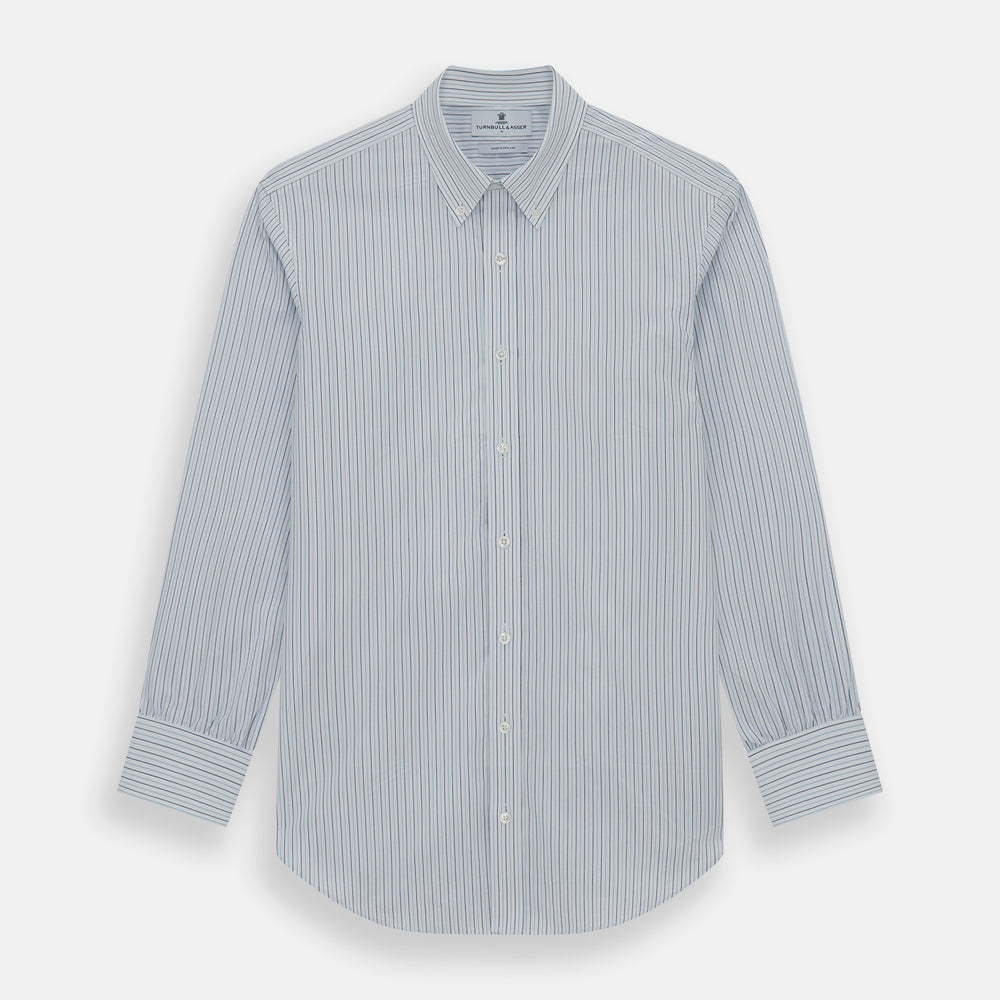 The Blue Double Pinstripe Richmond Shirt by Turnbull & Asser, featuring long sleeves, buttoned cuffs, and a button-down collar, is laid flat on a white background.