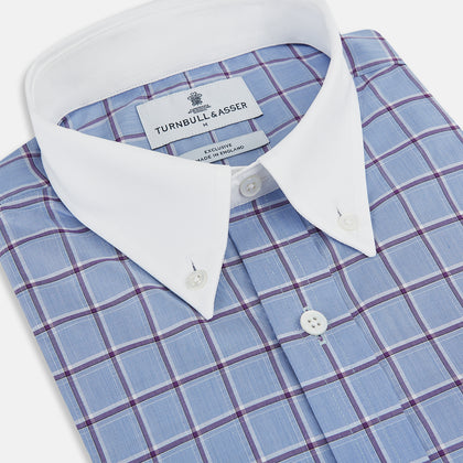 Blue and Purple Windowpane Check Richmond Shirt with Contrast Collar & Cuffs Image 1