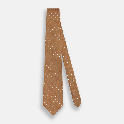 Camel and White Small Spot Herringbone Silk Tie Image 1