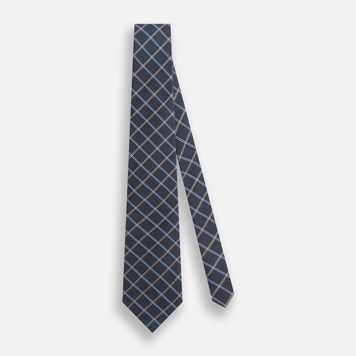 Navy Fine Double Check Silk Tie Image 1