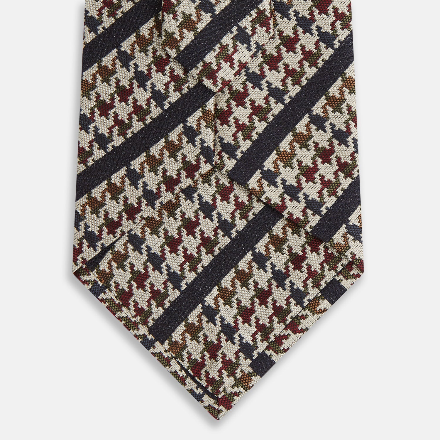 View 3 of product The Turnbull & Asser Brown Houndstooth Stripe Silk Tie features a houndstooth pattern with diagonal stripes, crafted from silk for a refined finish—ideal to pair with Turnbull & Asser shirts.