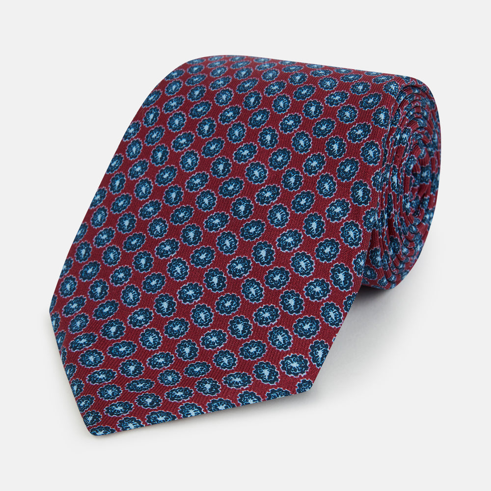 Blue and Red Floral Foulard Printed Silk Tie OS