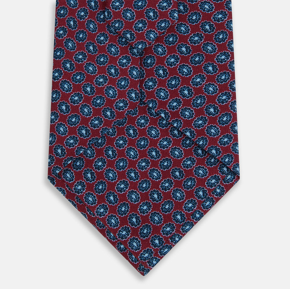 Blue and Red Floral Foulard Printed Silk Tie OS