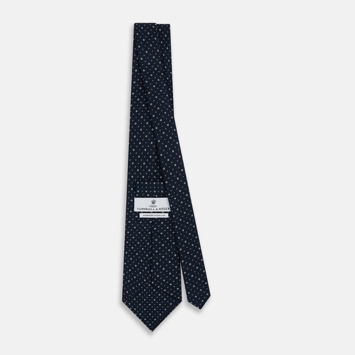 Navy Blue Geometric Pin-Dot Printed Silk Tie Image 3
