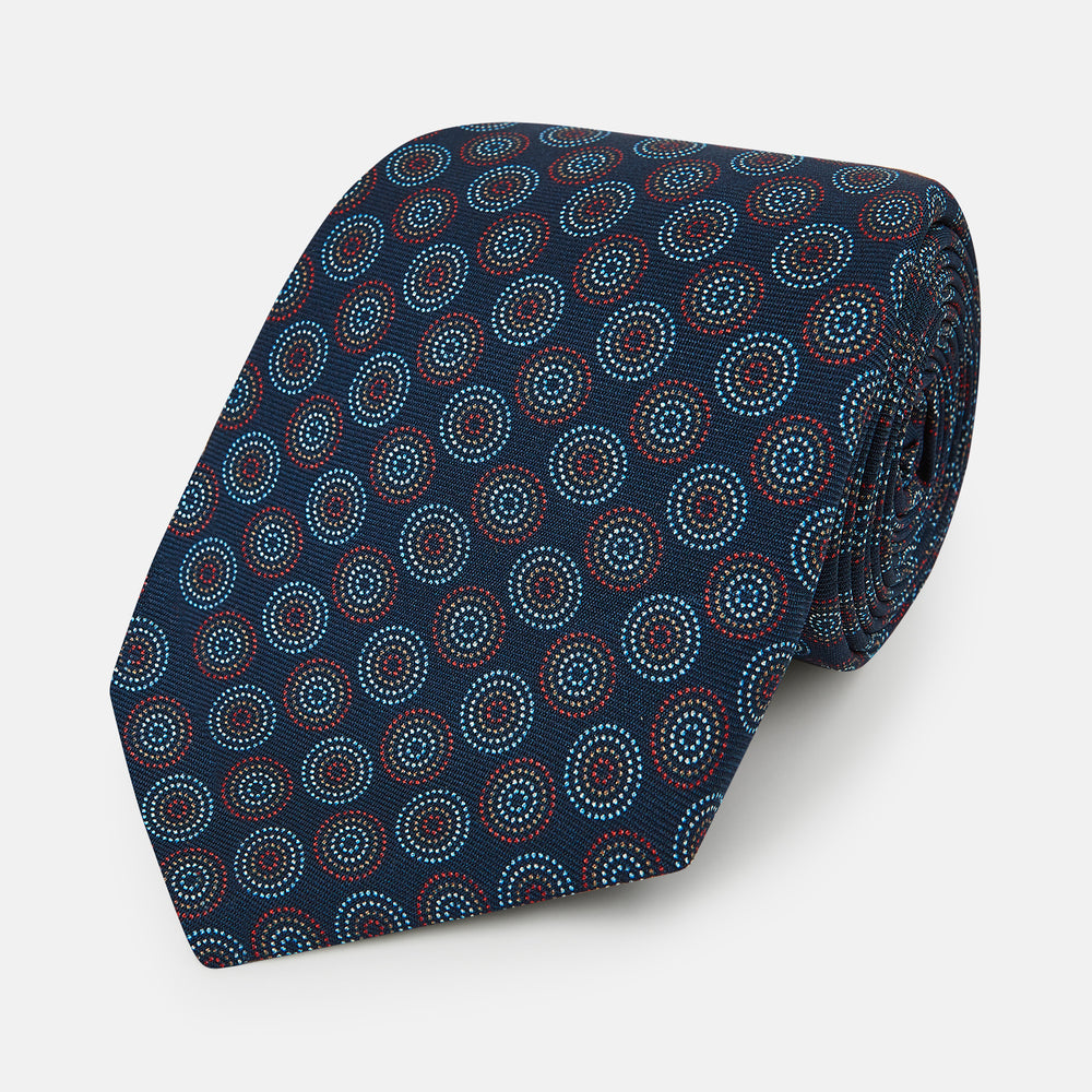 Navy Dotted Roundel Patterned Silk Tie OS