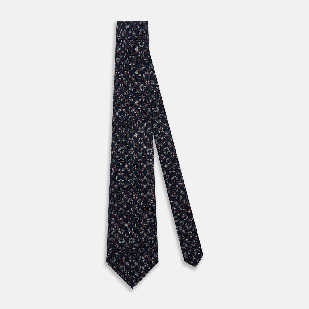 Navy Dotted Roundel Patterned Silk Tie OS