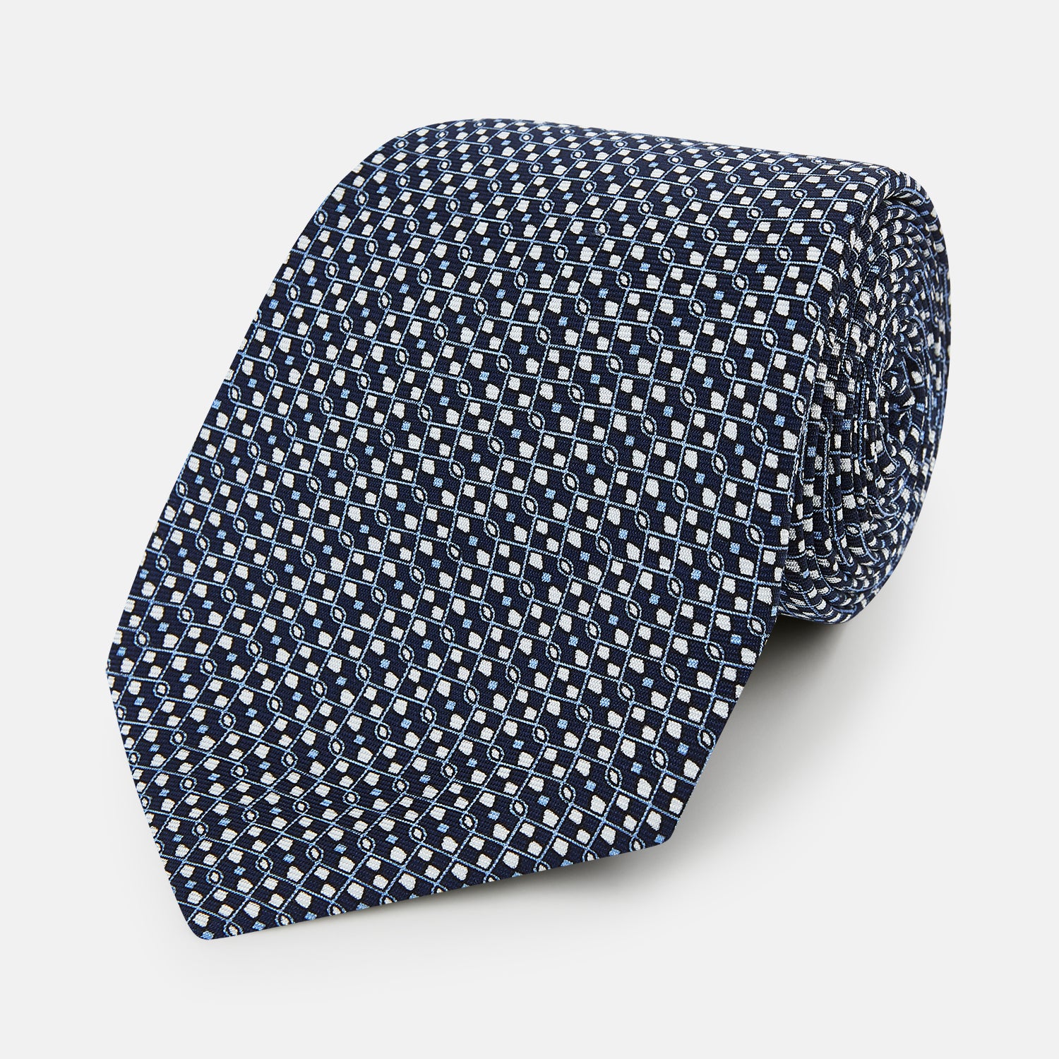 View 1 of product Navy Geometric Lattice Damier Printed Silk Tie OS