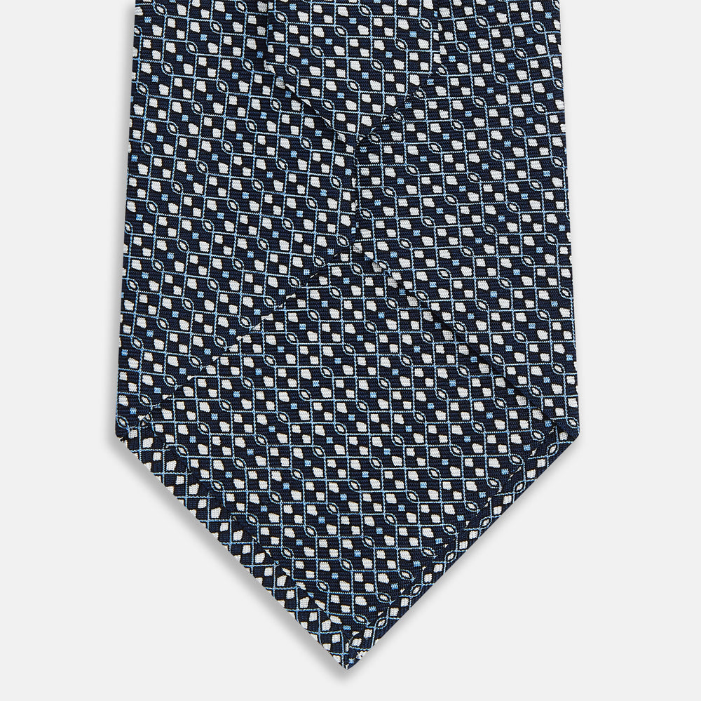 Navy Geometric Lattice Damier Printed Silk Tie OS