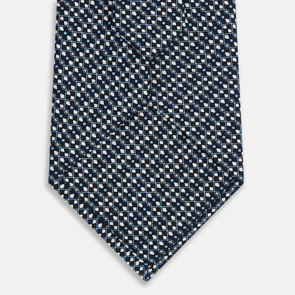 Navy Geometric Lattice Damier Printed Silk Tie Image 2