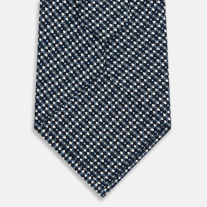 Navy Geometric Lattice Damier Printed Silk Tie Image 2