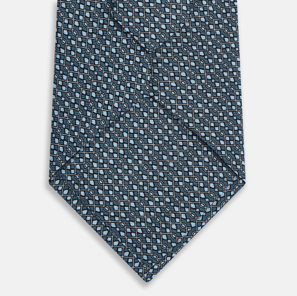 Blue Geometric Lattice Damier Printed Silk Tie OS