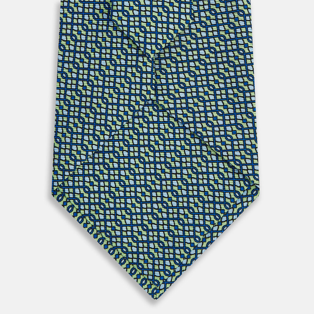 Pale Green Geometric Lattice Damier Printed Silk Tie OS
