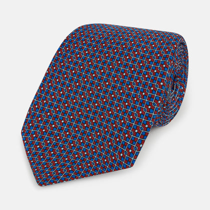 Red Geometric Lattice Damier Printed Silk Tie