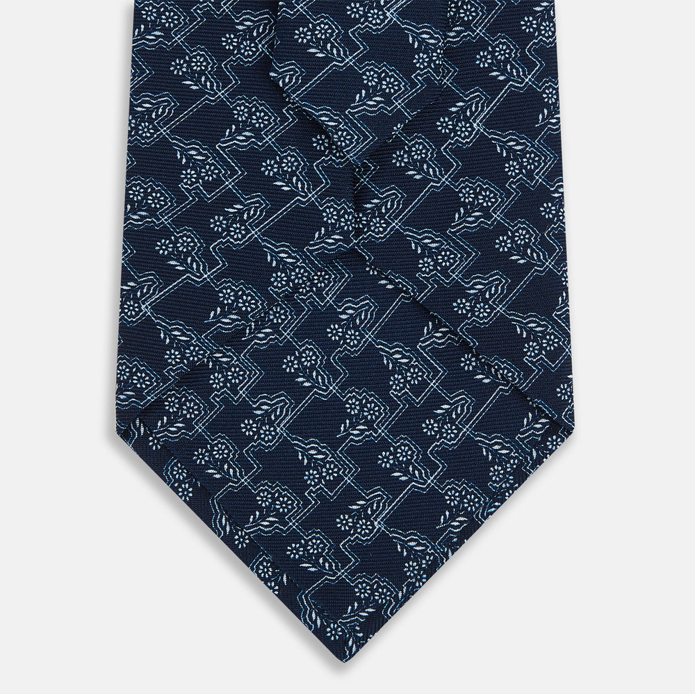 Dark Navy Floral Jigsaw Printed Silk Tie OS