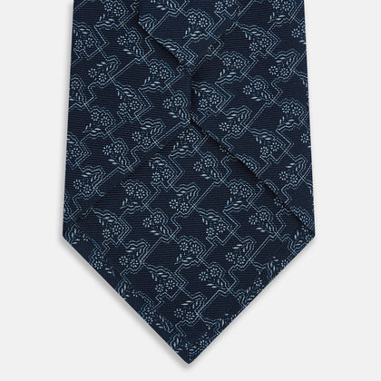 Midnight Blue Floral Jigsaw Printed Silk Tie Image 2