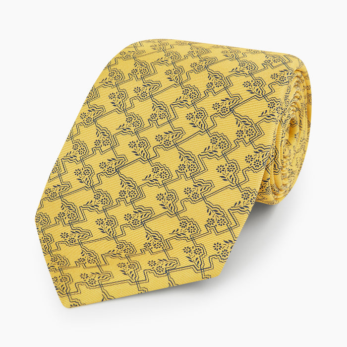 Yellow Floral Jigsaw Printed Silk Tie Image 4