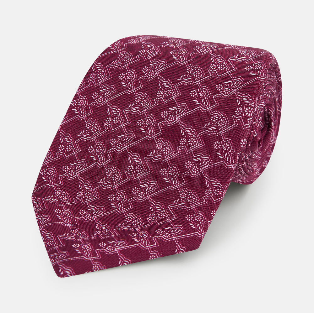 TIES 9.5CM FLORAL JIGSAW PRINTED SILK BURGUNDY OS