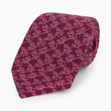 Burgundy Floral Jigsaw Printed Silk Tie Image 4