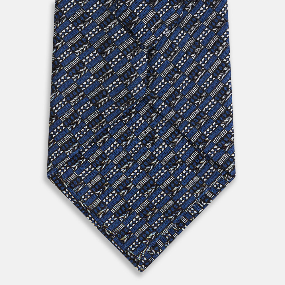 Navy Hatched Mosaic Printed Silk Tie OS