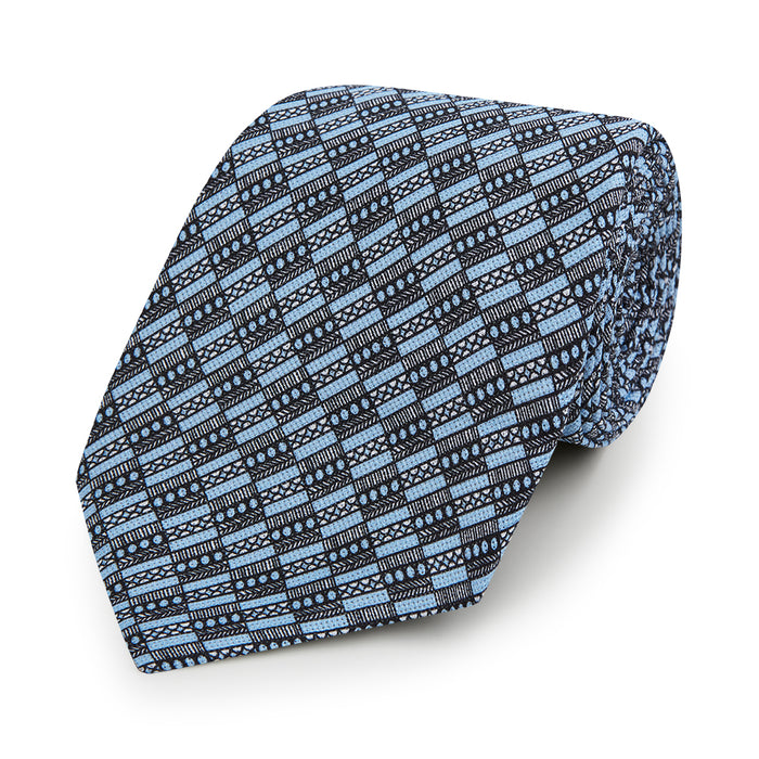 Light Blue Hatched Mosaic Printed Silk Tie Image 4