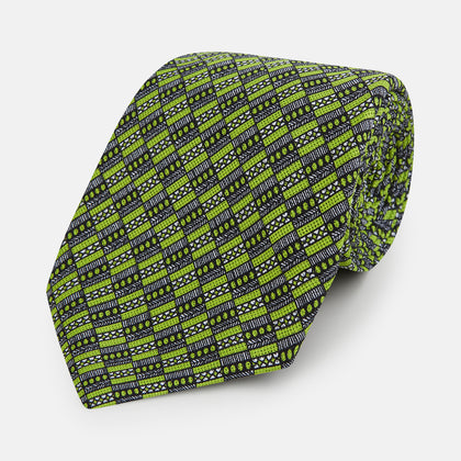 Lime Green Hatched Mosaic Printed Silk Tie