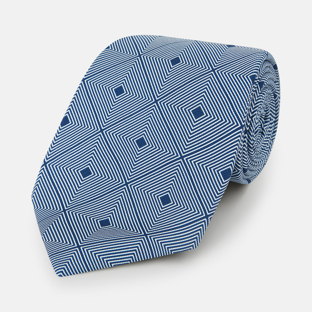 White and Navy Concentric Diamond Printed Silk Tie OS