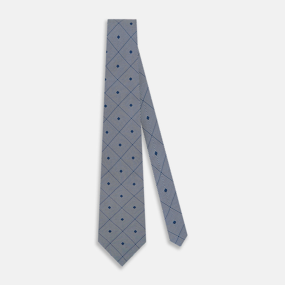 White and Navy Concentric Diamond Printed Silk Tie OS