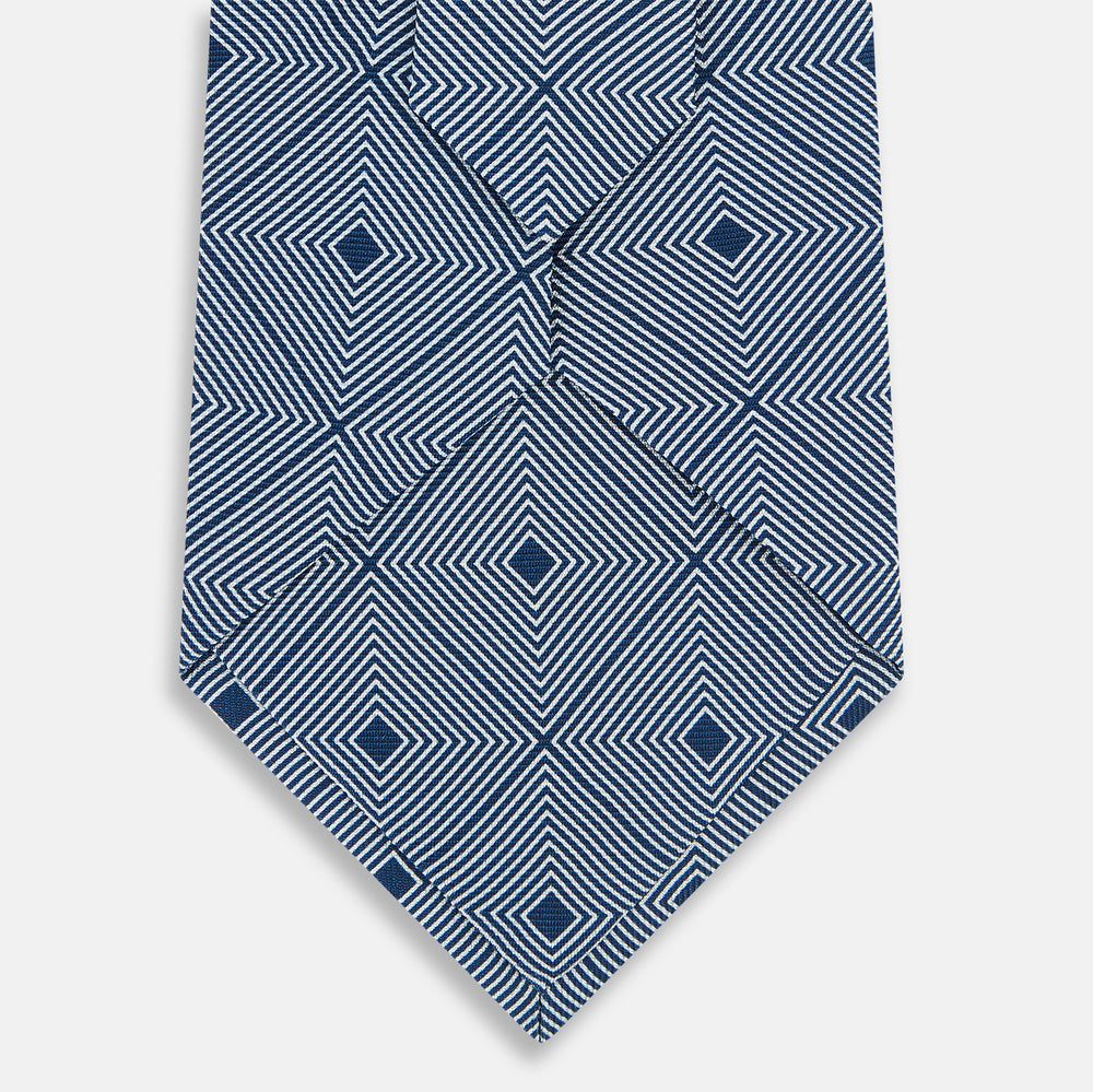 White and Navy Concentric Diamond Printed Silk Tie OS