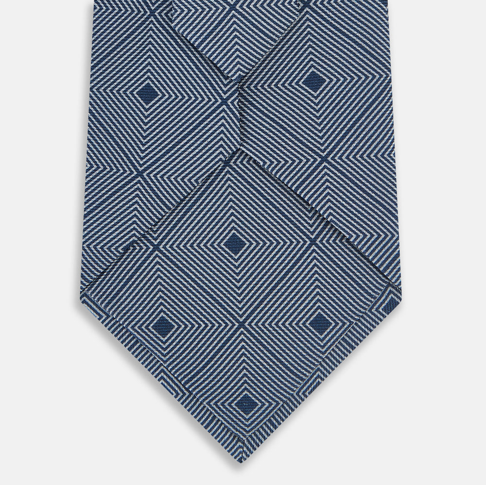 Pale Blue and Navy Concentric Diamond Printed Silk Tie OS