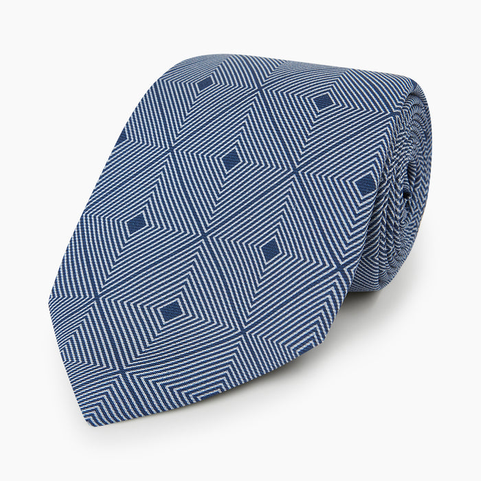 Pale Blue and Navy Concentric Diamond Printed Silk Tie Image 4