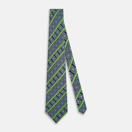 Navy and Green Medallion Bar Printed Silk Tie Image 1