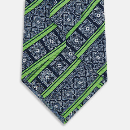 Navy and Green Medallion Bar Printed Silk Tie Image 2