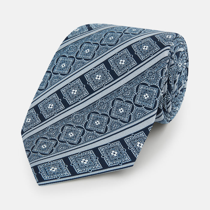 Navy and Grey Medallion Bar Printed Silk Tie