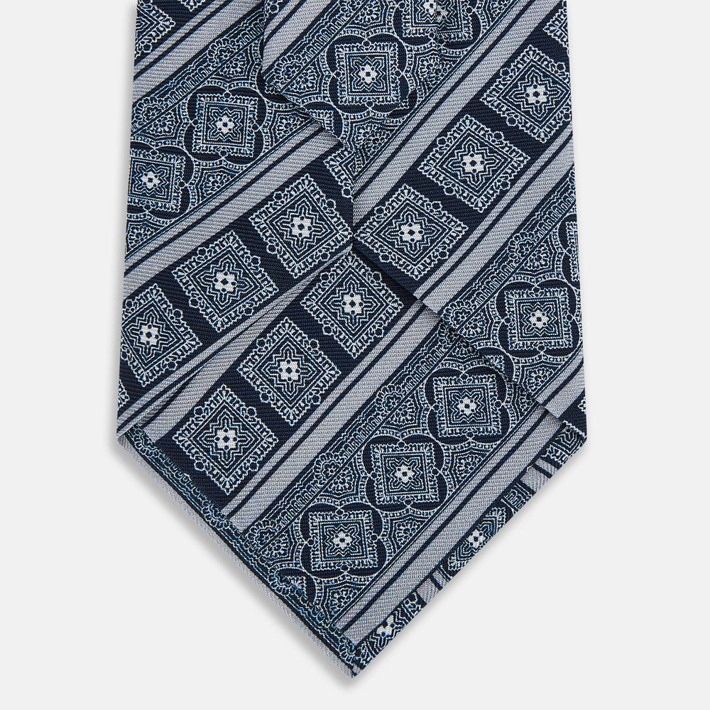TIES 9.5CM TILE AND STRIPE PRINTED SILK NAVY OS