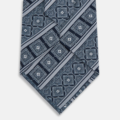 Navy and Grey Medallion Bar Printed Silk Tie Image 2