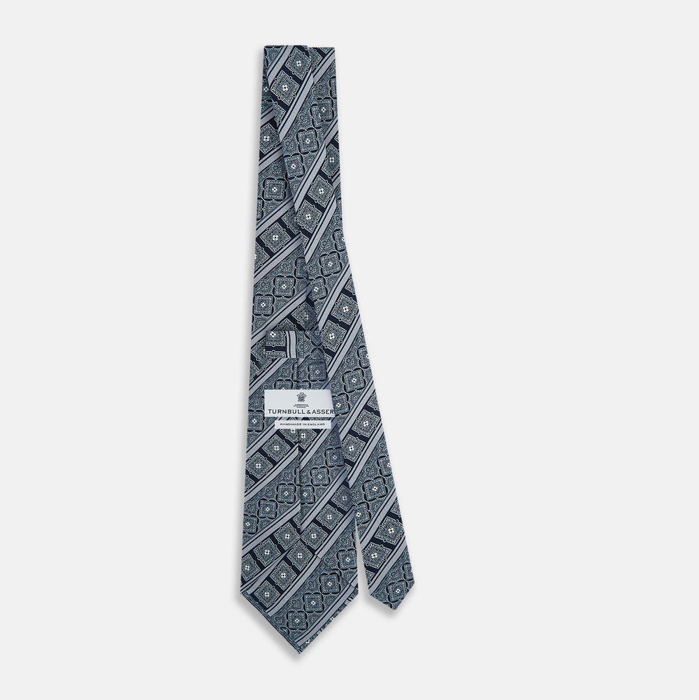 TIES 9.5CM TILE AND STRIPE PRINTED SILK NAVY OS