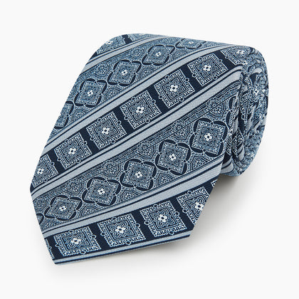 Navy and Grey Medallion Bar Printed Silk Tie Image 4