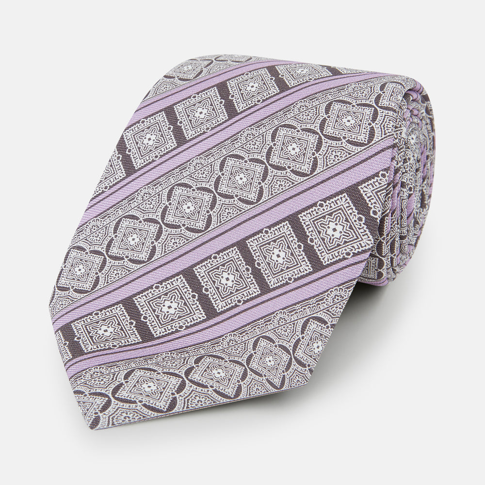 Ash and Lilac Medallion Bar Printed Silk Tie OS