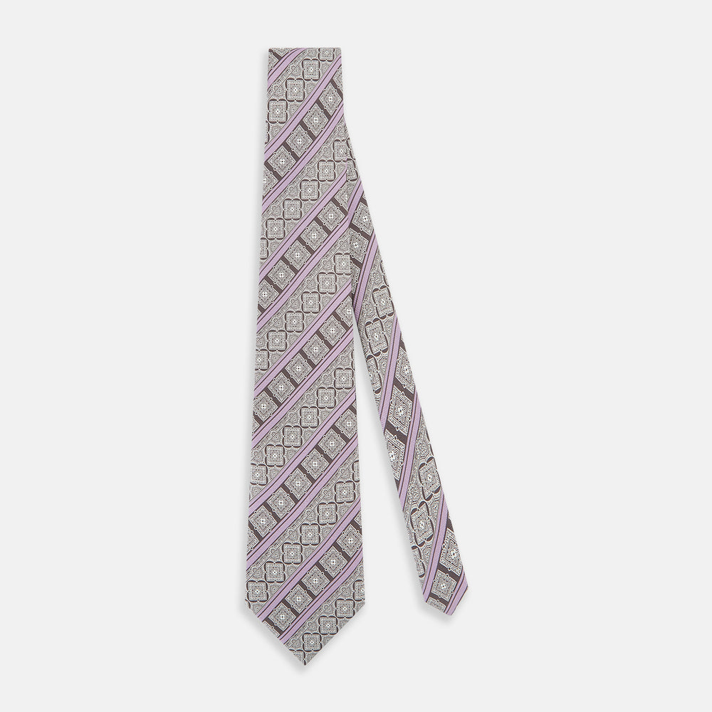 Ash and Lilac Medallion Bar Printed Silk Tie OS