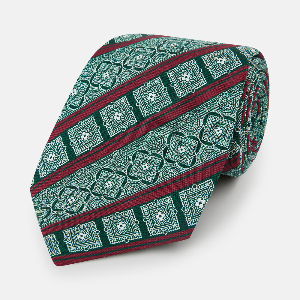 Forest Green and Red Medallion Bar Printed Silk Tie OS