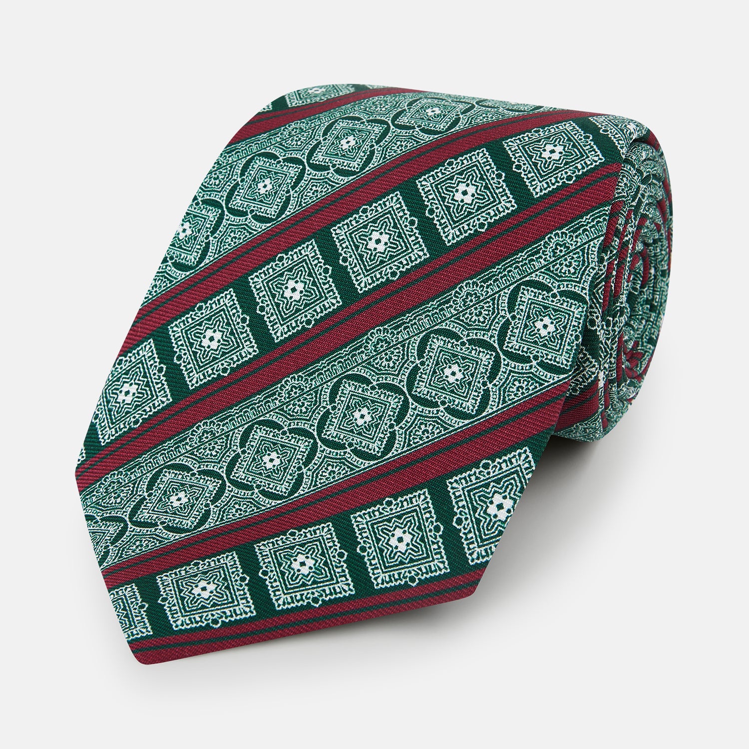 View 1 of product Forest Green and Red Medallion Bar Printed Silk Tie OS