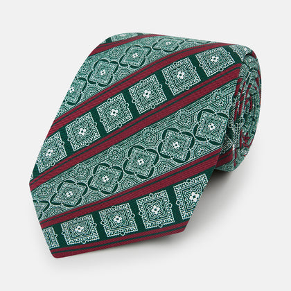 Forest Green and Red Medallion Bar Printed Silk Tie