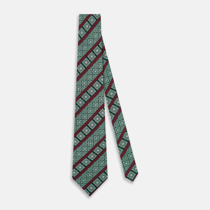 Forest Green and Red Medallion Bar Printed Silk Tie Image 1